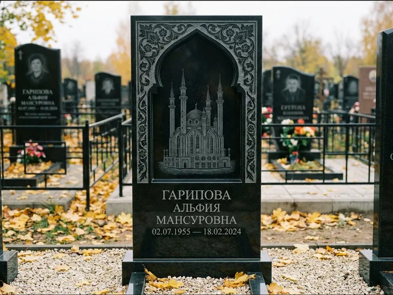 Мусульманский памятник с гравировкой мечети: фигурная стела с михраб-нишей — гравировка мечети в михраб-арке с орнаментом, светлая гравийная отсыпка, работа «Гарипова» в Воронеже