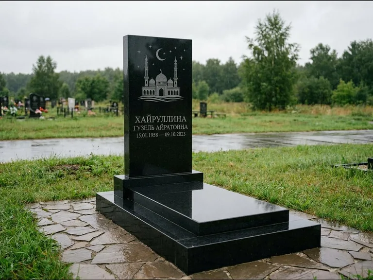 Мусульманский памятник с гравировкой мечети: ступенчатая двухуровневая стела — гравировка мечети под полумесяцем и звёздами, каменная дорожка из плитняка, работа «Хайруллина» в Воронеже