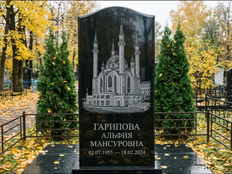 Мусульманский памятник с гравировкой мечети — мечеть Кул-Шариф на обороте стелы, работа «Гарипова» в Воронеже