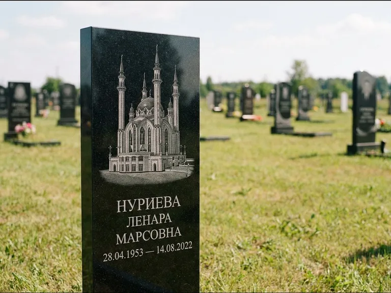 Мусульманский памятник с гравировкой мечети: узкая вертикальная стела-пилон — гравировка мечети в михраб-арке с орнаментом, открытая лужайка без ограды, работа «Хайруллина» в Воронеже