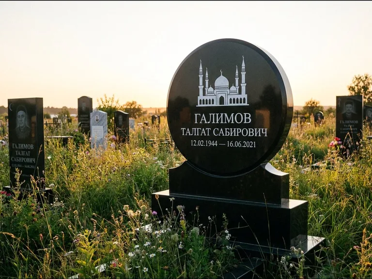 Мусульманский памятник с гравировкой мечети: округлая стела-медальон на тумбе — гравировка мечети в михраб-арке с орнаментом, луговые травы и полевые цветы, работа «Каримов» в Воронеже
