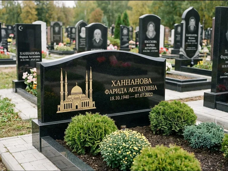 Мусульманский памятник с гравировкой мечети: вытянутая горизонтальная семейная стела с аркой — белая гравировка силуэта мечети с минаретами, участок с декоративными кустами, работа «Гарипова» в Воронеже