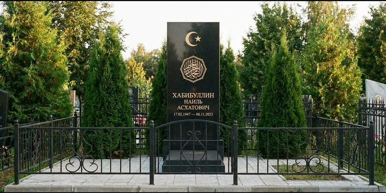 Гравировка на мусульманском памятнике в Воронеже — стела из чёрного гранита, оформление по канонам ислама