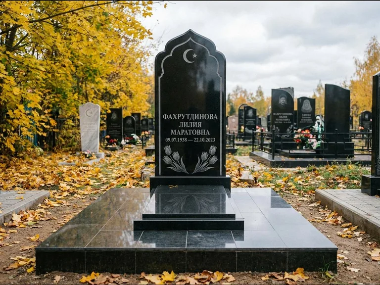 Мусульманский памятник: стела с михраб-навершием в форме арки — гравировка минарета с полумесяцем, гранитный цоколь с тёмной плиткой, работа «Фахрутдинова» в Воронеже