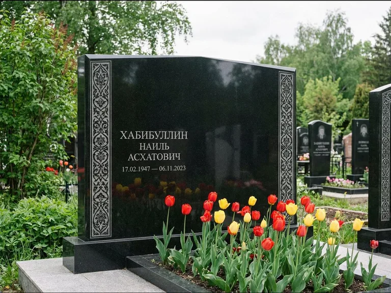 Мусульманский памятник: широкая двойная семейная стела — золочёная гравировка мечети, цветник с тюльпанами, работа «Хабибуллин» в Воронеже