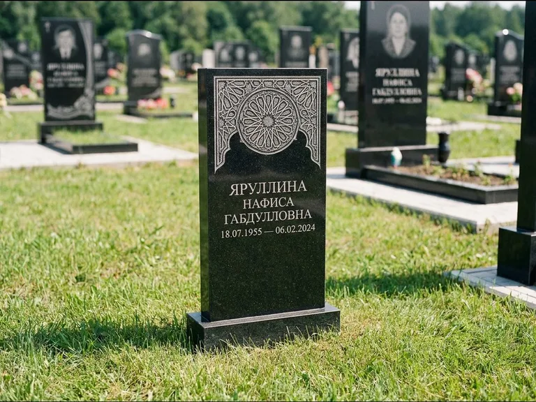 Мусульманский памятник: небольшая скромная невысокая стела — золочёная гравировка мечети, аккуратный участок с газоном, работа «Фахрутдинова» в Воронеже