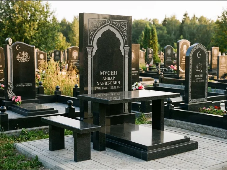Мусульманский памятник: стела с гранитным столиком и скамьёй — гравировка мечети под полумесяцем и звёздами, семейный участок с плиткой, работа «Гимаев» в Воронеже