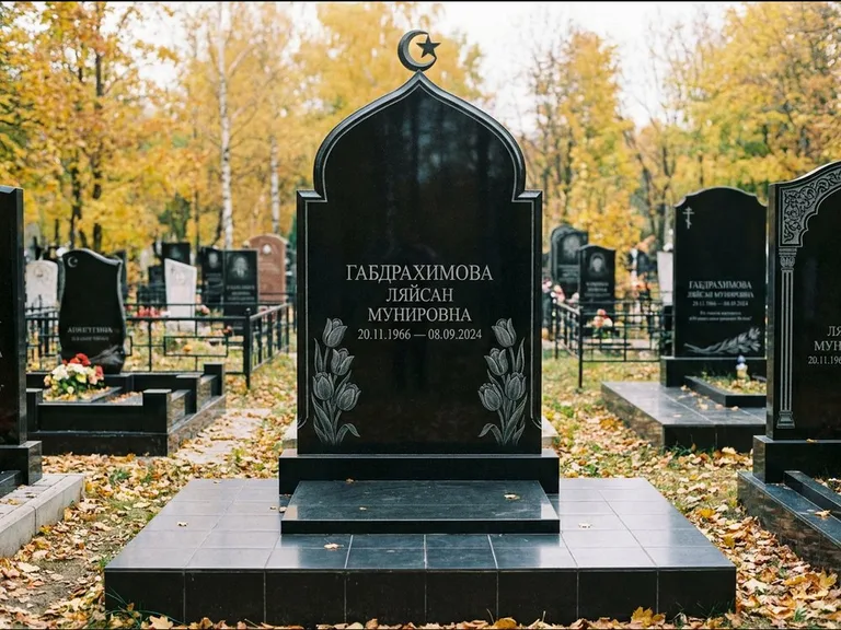 Мусульманский памятник: массивная стела с михраб-навершием — белая гравировка силуэта мечети с минаретами, цоколь тёмной плиткой, работа «Магомедова» в Воронеже
