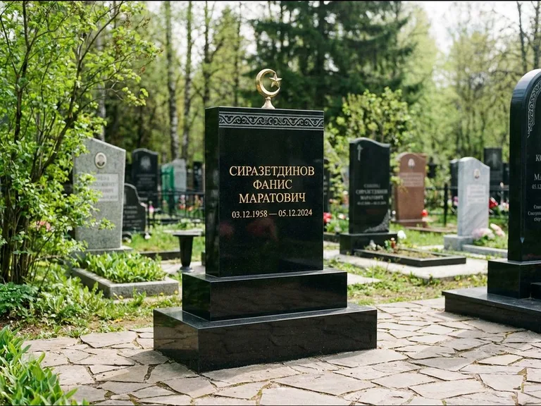 Мусульманский памятник: ступенчатая трёхуровневая стела — золочёная гравировка мечети, дорожка из природного плитняка, работа «Мустафин» в Воронеже