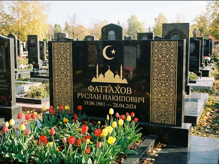 Мусульманский памятник: широкая панорамная стела с золочёным орнаментом — гравировка минарета с полумесяцем, цветник с тюльпанами, работа «Сулейманов» в Воронеже