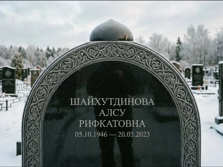 Мусульманский памятник: полукруглая стела с купольным навершием — гравировка мечети под полумесяцем и звёздами, заснеженный зимний участок, работа «Ганиева» в Воронеже