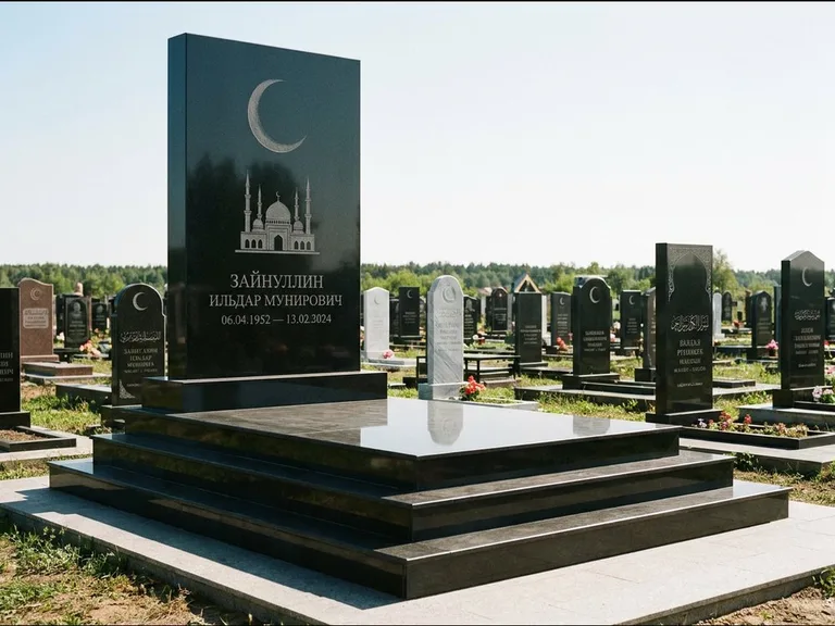 Мусульманский памятник: массивная стела на ступенчатом постаменте — гравировка мечети под полумесяцем и звёздами, гранитная площадка без ограды, работа «Хабибуллин» в Воронеже