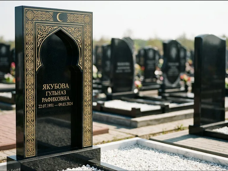Мусульманский памятник: стела в форме михраба с глубокой нишей и золочёным орнаментом — детализированная гравировка мечети Кул-Шариф, участок с белой мраморной крошкой, работа «Мустафин» в Воронеже