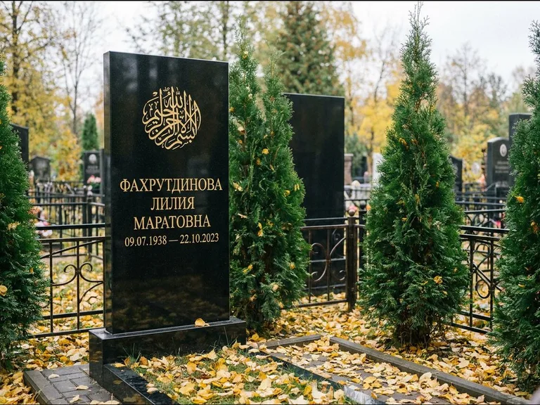 Мусульманский памятник — шахада в верхней части стелы, работа «Фахрутдинова» в Воронеже