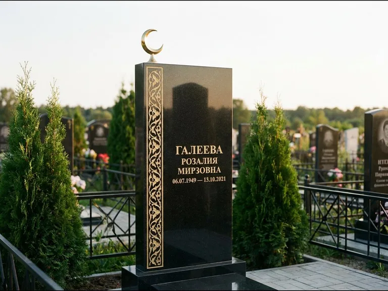 Памятник с гравировкой полумесяца — золочёный полумесяц и колонна растительного орнамента-ислими, работа «Галеева» в Воронеже