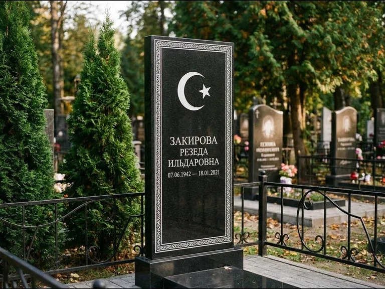 Памятник с гравировкой полумесяца — строгая белая гравировка полумесяца со звездой и орнаменталь, работа «Закирова» в Воронеже