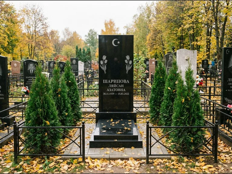 Памятник с гравировкой полумесяца — гравировка полумесяца со звездой и тюльпанами по бокам, работа «Шарипова» в Воронеже