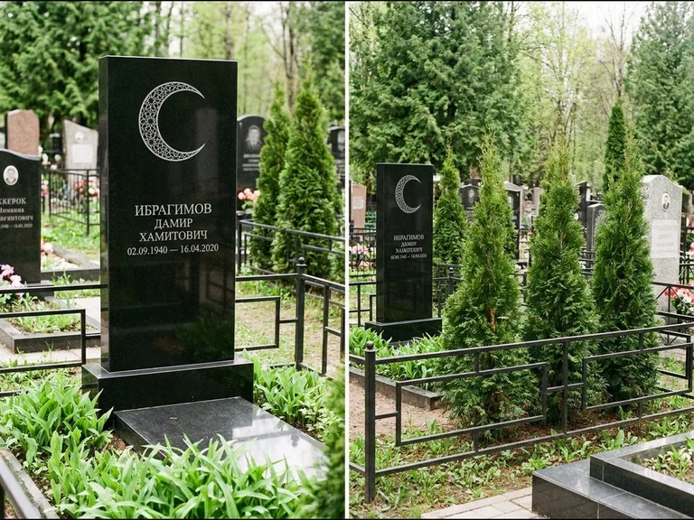 Памятник с гравировкой полумесяца — гравировка полумесяца в геометрическом орнаменте-гирихе, работа «Ибрагимов» в Воронеже