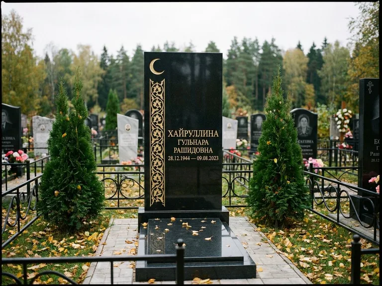 Памятник с гравировкой полумесяца — золочёный полумесяц и колонна растительного орнамента-ислими, работа «Хайруллина» в Воронеже