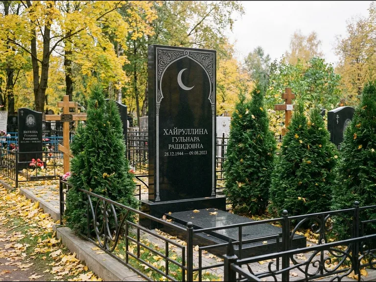 Памятник с гравировкой полумесяца — гравировка полумесяца в восточной арке с орнаментом, работа «Хайруллина» в Воронеже