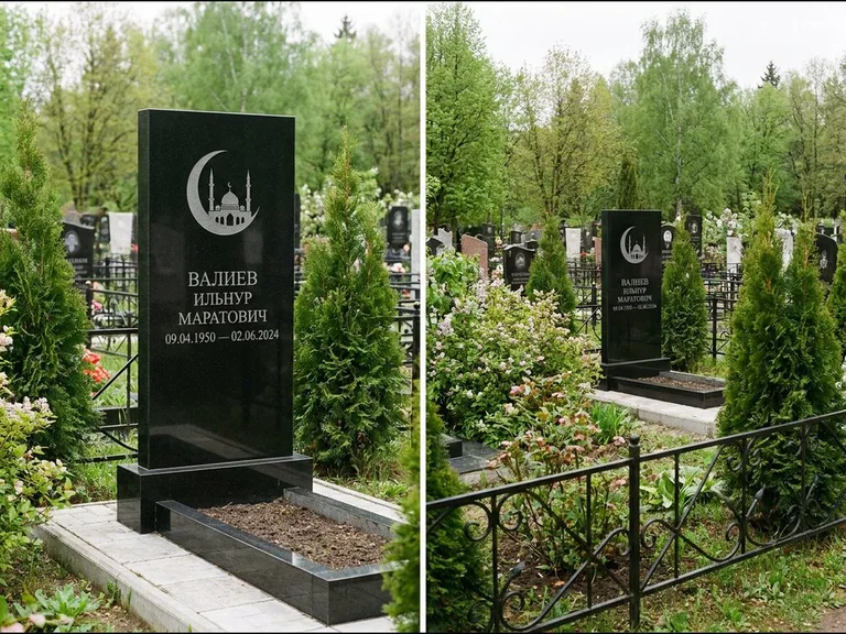 Памятник с гравировкой полумесяца — гравировка полумесяца над силуэтом мечети, работа «Валиев» в Воронеже