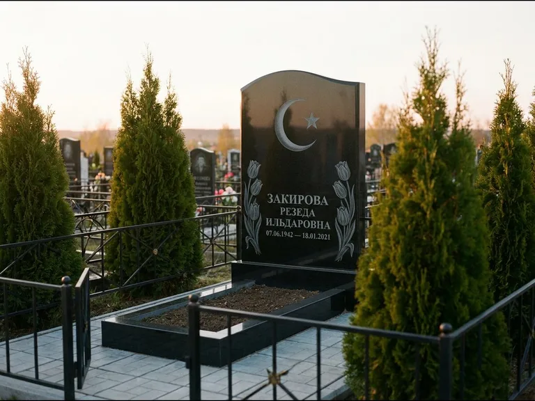 Памятник с гравировкой полумесяца — гравировка полумесяца со звездой и тюльпанами по бокам, работа «Закирова» в Воронеже