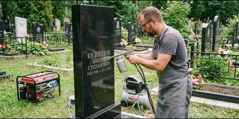 Гравировка на памятнике с выездом на кладбище в Воронеже — мастер гравирует установленный памятник