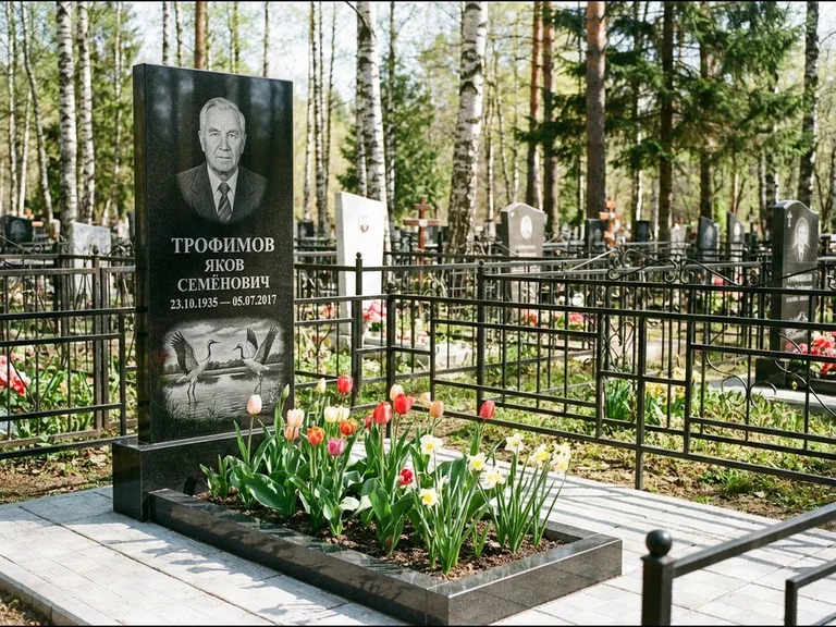 Памятник с гравировкой журавлей — гравировка пары журавлей над гладью озера в нижней части, работа «Трофимов» в Воронеже