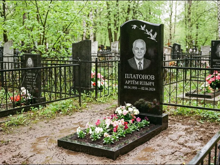 Памятник с гравировкой журавлей — белая гравировка клина журавлей, уходящего в верхний угол ст, работа «Платонов» в Воронеже
