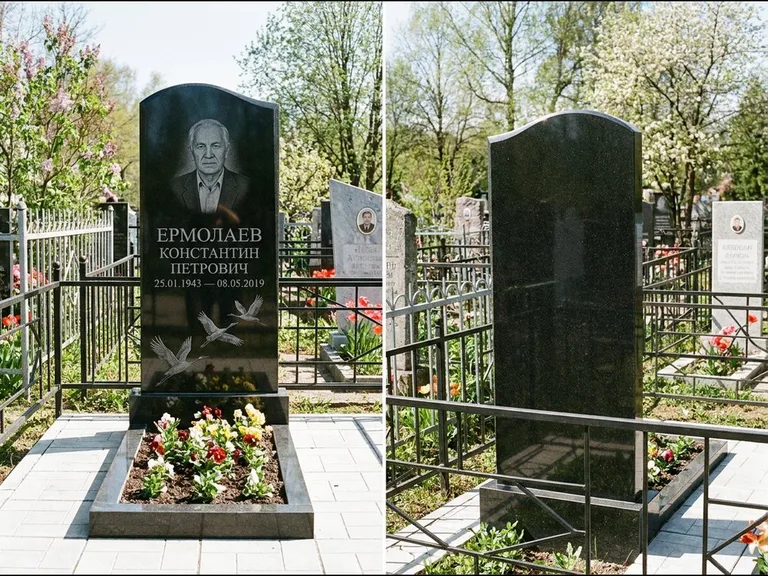 Памятник с гравировкой журавлей — гравировка трёх журавлей по диагонали через свободное поле с, работа «Ермолаев» в Воронеже