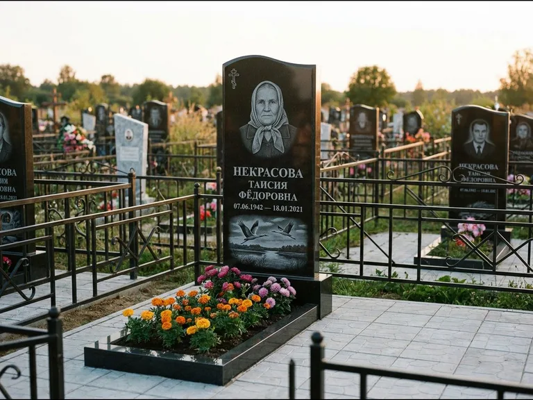 Памятник с гравировкой журавлей — гравировка пары журавлей над гладью озера в нижней части, работа «Некрасова» в Воронеже