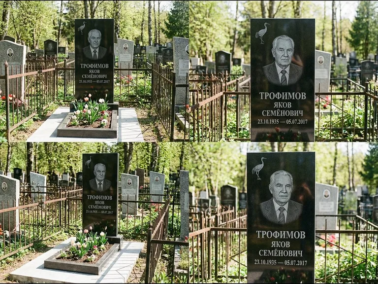 Памятник с гравировкой журавлей — гравировка одиночного летящего журавля над портретом, работа «Трофимов» в Воронеже