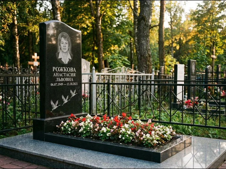 Памятник с гравировкой журавлей — гравировка трёх журавлей по диагонали через свободное поле с, работа «Рожкова» в Воронеже