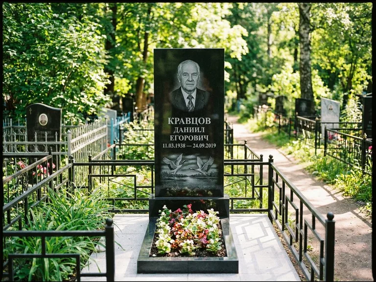 Памятник с гравировкой журавлей — гравировка пары журавлей над гладью озера в нижней части, работа «Кравцов» в Воронеже