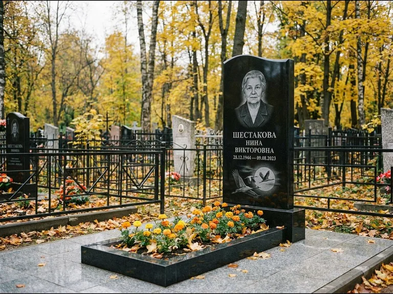 Памятник с гравировкой журавлей — гравировка клина журавлей на фоне солнечного диска, работа «Шестакова» в Воронеже