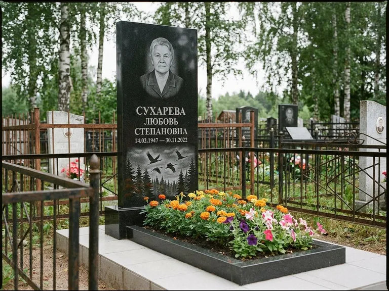 Памятник с гравировкой журавлей — гравировка силуэтов журавлей над еловым лесом, работа «Сухарева» в Воронеже