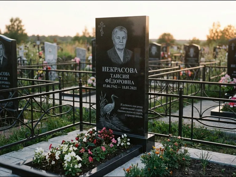 Памятник с гравировкой журавлей — гравировка журавля у камышей рядом с эпитафией, работа «Некрасова» в Воронеже