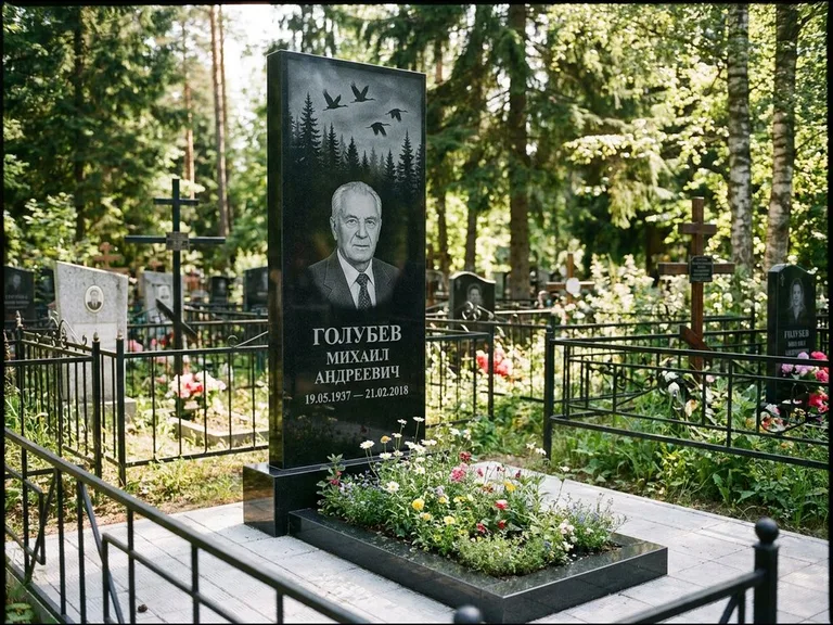 Памятник с гравировкой журавлей — гравировка силуэтов журавлей над еловым лесом, работа «Голубев» в Воронеже