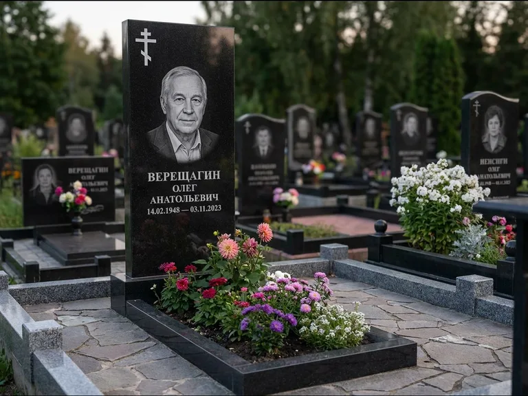 Памятник из чёрного гранита — горизонтальная плита-стела с православным восьмиконечным крестом, работа «Тихонов» в Воронеже