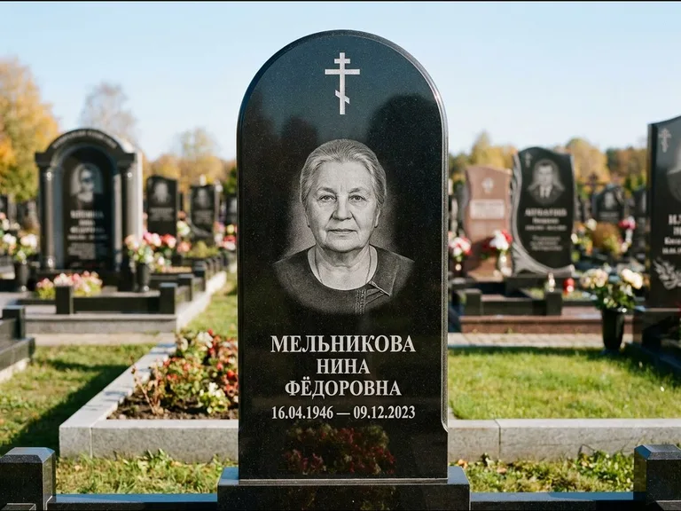 Памятник из чёрного гранита — стела с резным навершием с латинским крестом, работа «Савельева» в Воронеже