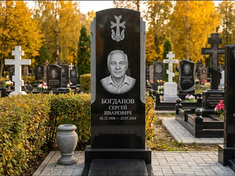 Памятник из чёрного гранита — круглая стела-медальон с армянским хачкаром, работа «Ковалёв» в Воронеже