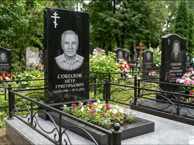 Памятник из чёрного гранита — стела с арочным верхом с православным восьмиконечным крестом, работа «Ковалёв» в Воронеже