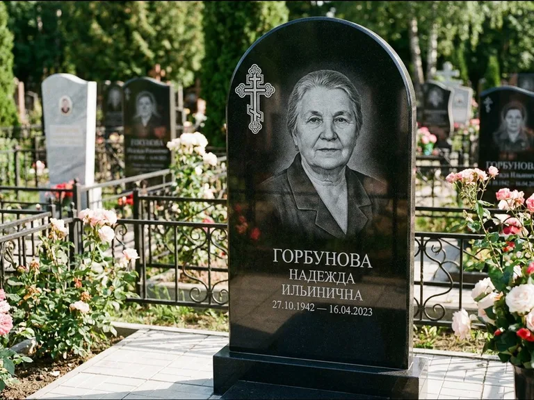 Памятник из чёрного гранита — стела с боковой колонной с крестом в лучах, работа «Мельникова» в Воронеже