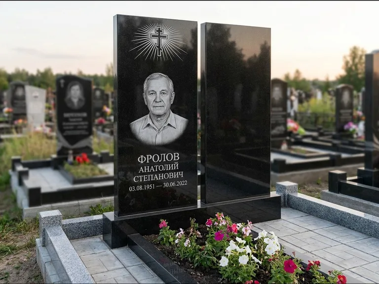 Памятник из чёрного гранита — стела на ступенчатом постаменте с золочёным крестом, работа «Богданов» в Воронеже