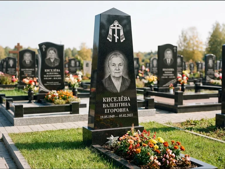 Памятник из чёрного гранита — стела со скошенным верхом с ажурным резным крестом, работа «Селезнёва» в Воронеже