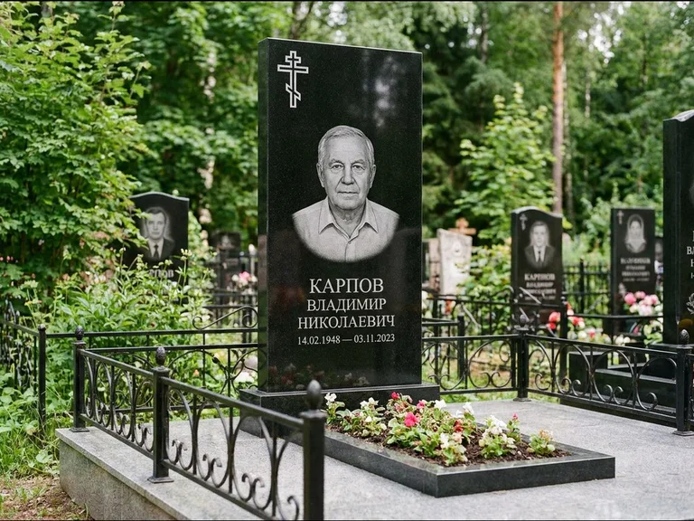 Памятник из чёрного гранита — узкая стела с ажурным крестом с православным восьмиконечным крестом, работа «Гущин» в Воронеже