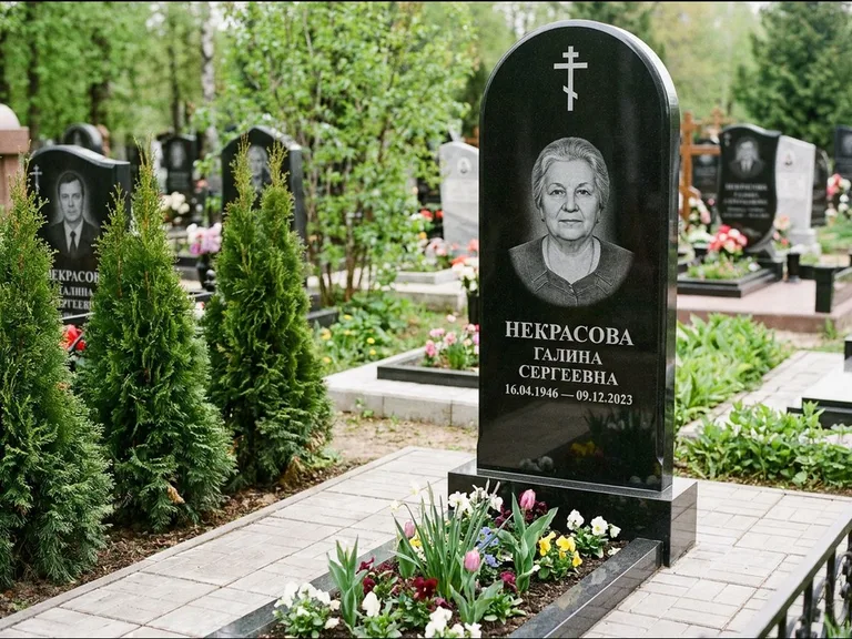 Памятник из чёрного гранита — стела с цветником-плитой с латинским крестом, работа «Лаврентьева» в Воронеже