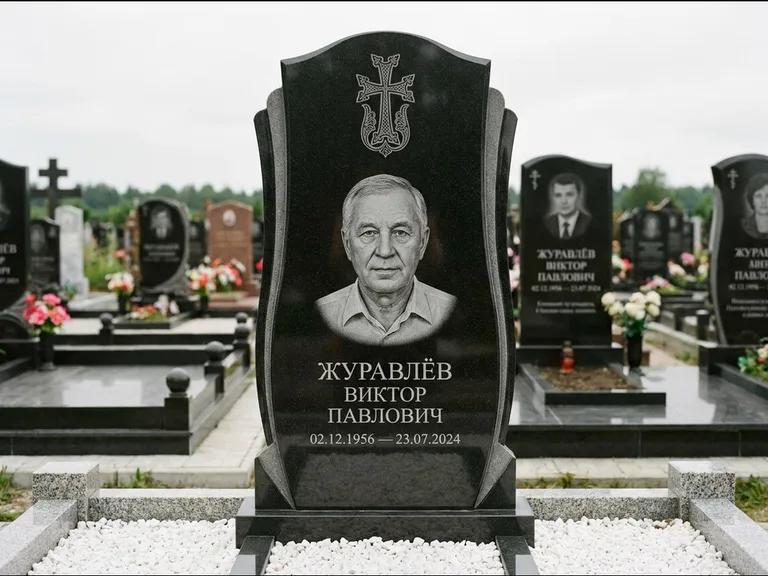 Памятник из чёрного гранита — панорамная стела с армянским хачкаром, работа «Тихонов» в Воронеже