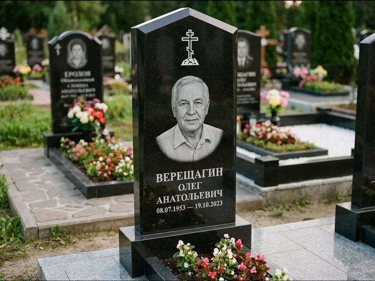 Памятник из чёрного гранита — обелиск-колонна с крестом на Голгофе, работа «Ковалёв» в Воронеже