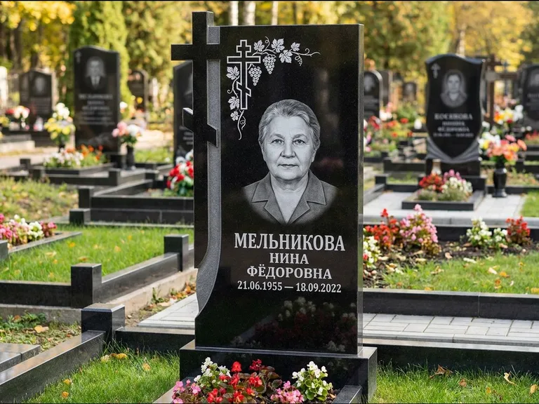Памятник из чёрного гранита — стела с резной рамкой с крестом с распятием, работа «Некрасова» в Воронеже